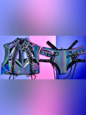 Dolls Kill Club Exx Rude Awakening Harness Bra Top & Bottom - Rainbow Reflective